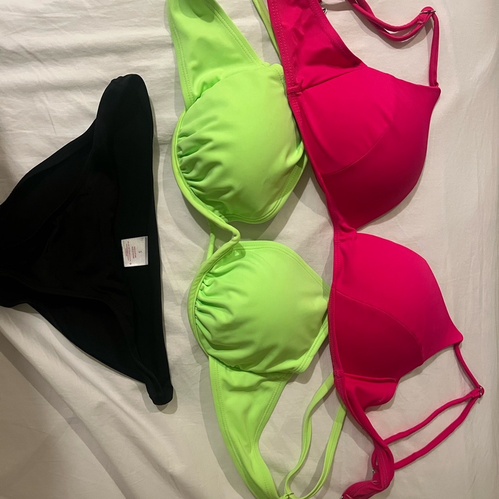 Vibrant Bikini Set in Neon Green and Pink and black bottoms.
